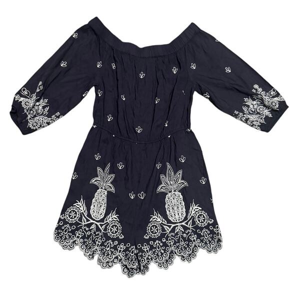 Farm Rio for Anthropologie Pineapple Embroidered Linen Romper Size Small Navy - Picture 2 of 5